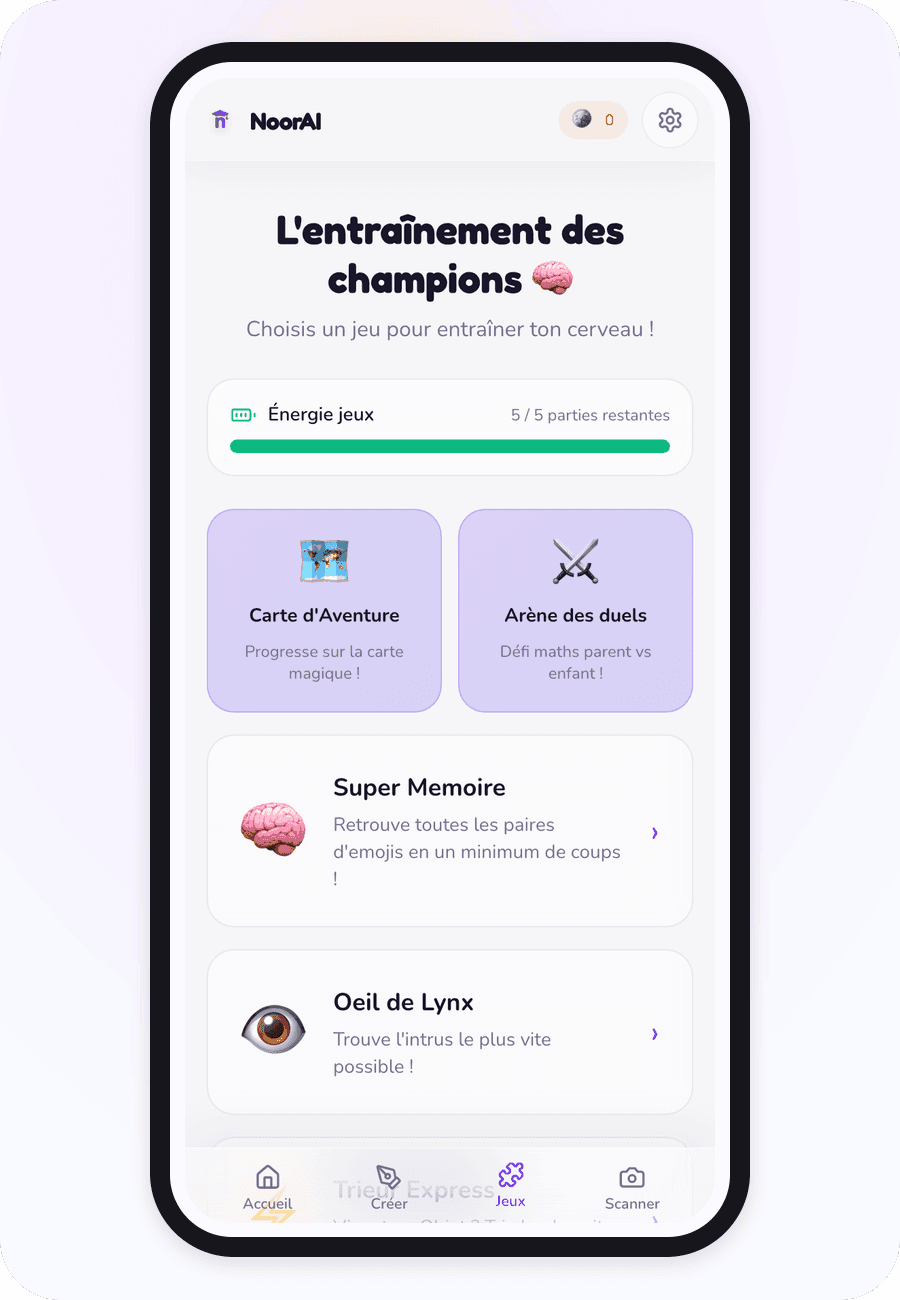 Écran d’entraînement NoorAI Devoirs